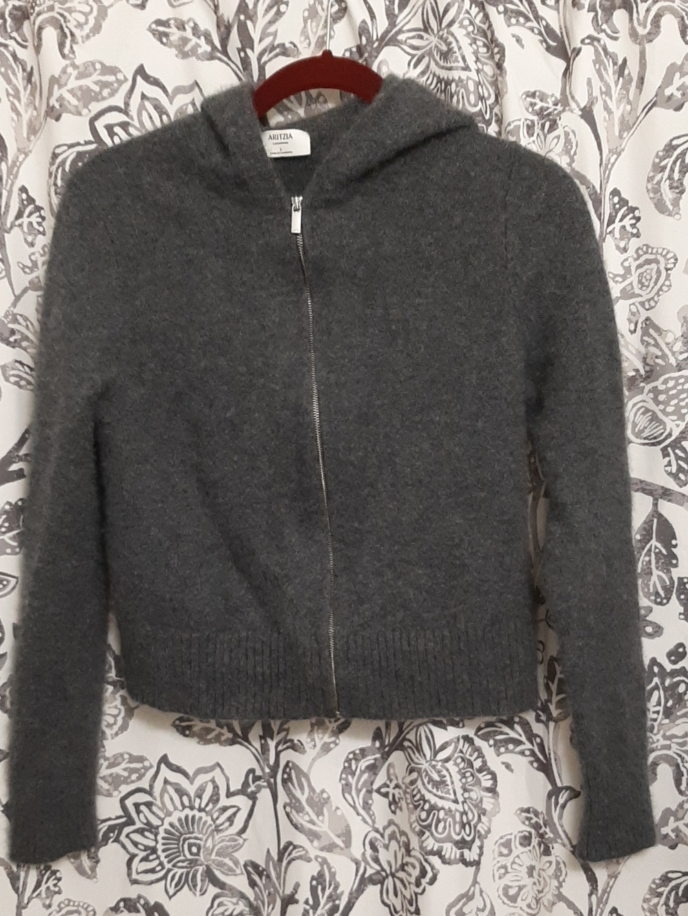 Aritzia Charcoal Zip 100% Cashmere Crop Hoodie Cardigan